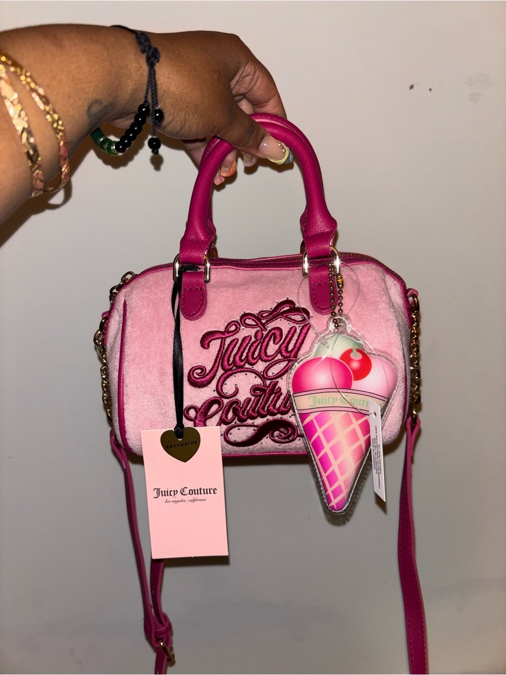Juicy Couture Pink Velvet Mini Satchel with Hot Pink Trim